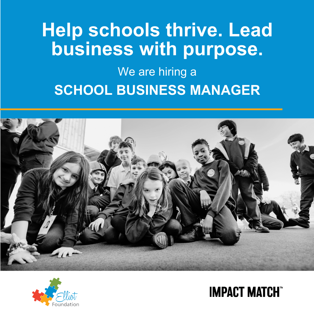 Recruitment banner for School Business Manager role, showing group of primary school children with headline “Help schools thrive. Lead business with purpose.”