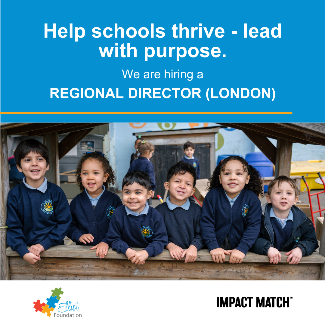 Children in school uniforms smiling at a playground with text promoting a Regional Lead (London) role supporting schools.