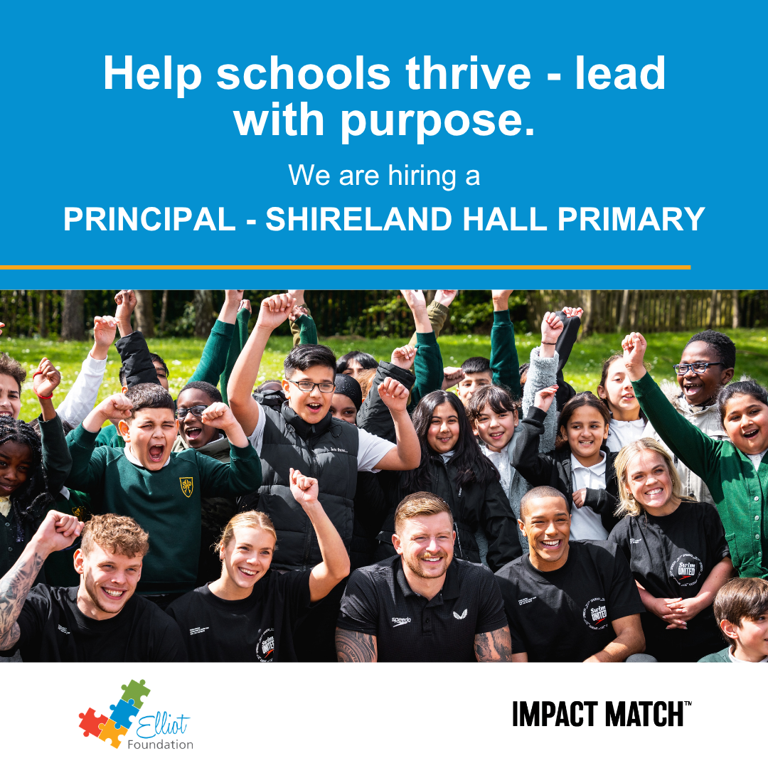 Principal recruitment graphic for Shireland Hall Primary, featuring pupils and adults celebrating outdoors.